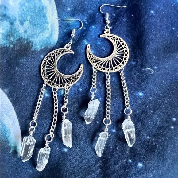 Jewelry - Celestial Moon + Triple Quartz Earrings